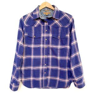 Jachs Girlfriend Womens Purple Plaid Flannel Shirt Pearl Snap Buttons Tab Sleeve
